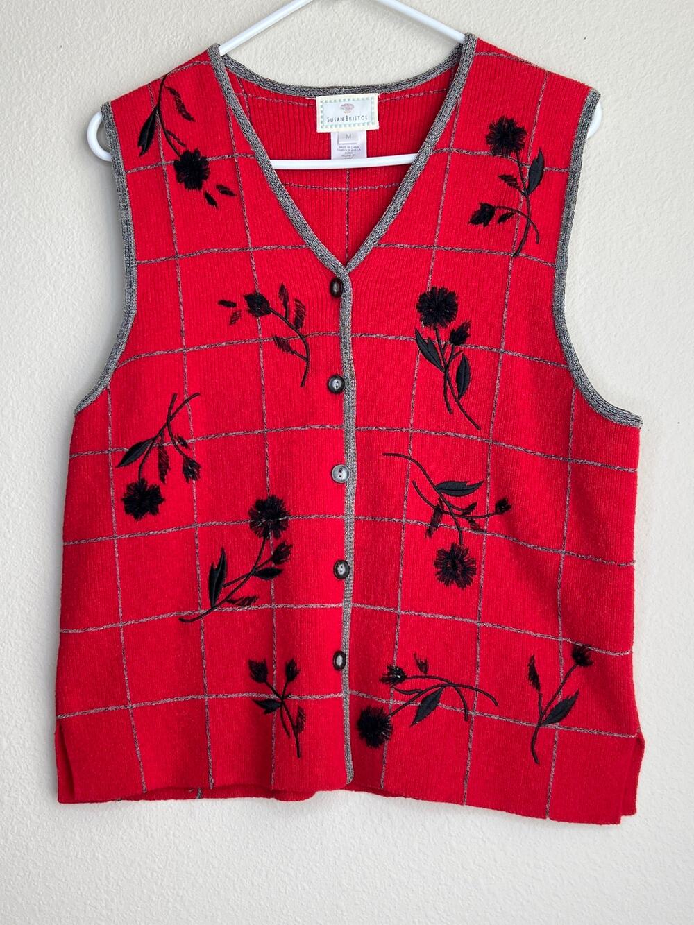 Susan Bristol Vintage Red Grid Embroidered Floral Button Front Vest Size Medium